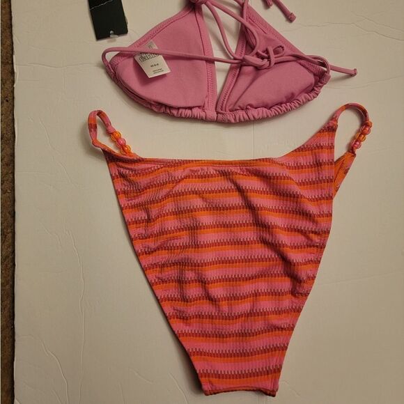 🆕️👙Striped Pink and Orange Bikini Bottom With Bead Detail, Sz L - Picture 7 of 8